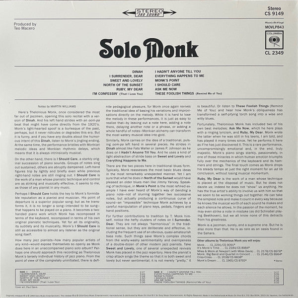 Thelonious Monk : Solo Monk (LP, Album, RE, 180)