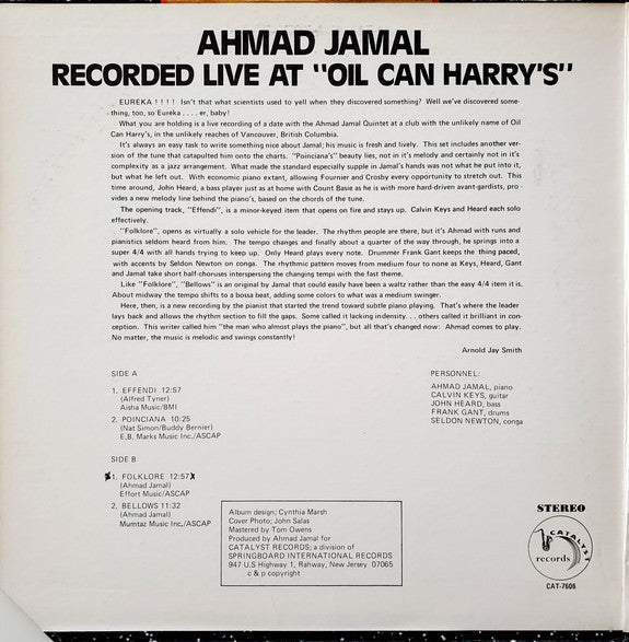 Ahmad Jamal : Recorded Live At "Oil Can Harry's" (LP, Album)