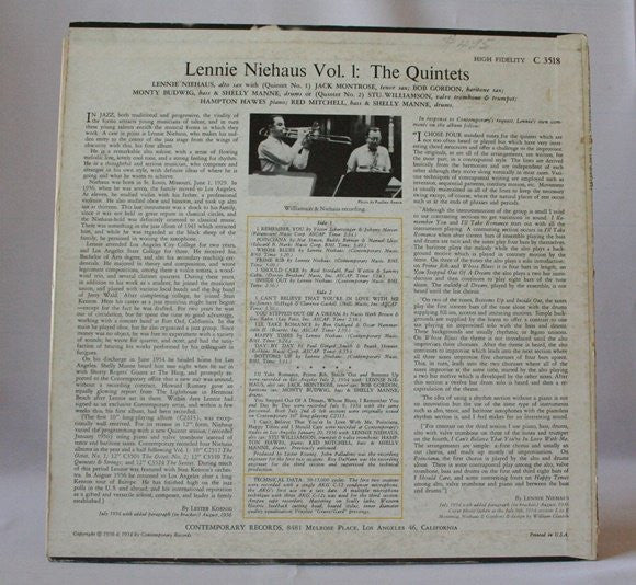 Lennie Niehaus : Vol.1 The Quintets (LP, Album, Mono)