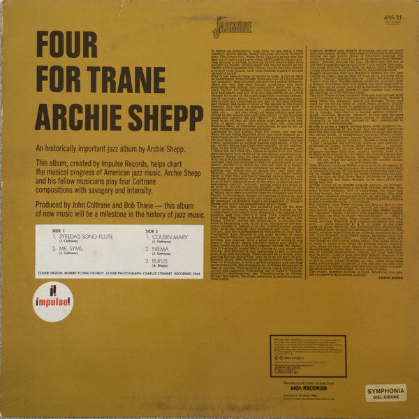 Archie Shepp : Four For Trane (LP, Album, RE)
