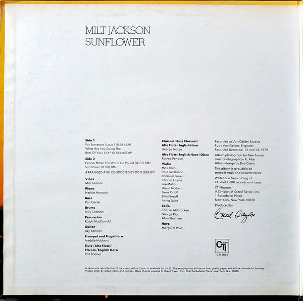 Milt Jackson : Sunflower (LP, Album, Gat)