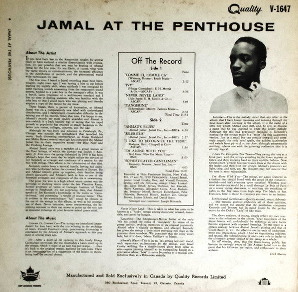 Ahmad Jamal : Jamal At The Penthouse (LP, Album, Mono)