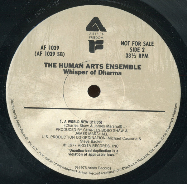 The Human Arts Ensemble Featuring Charles Bobo Shaw : Whisper Of Dharma (LP, Album, Promo, RE)