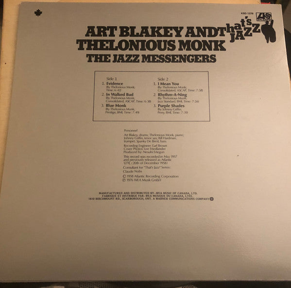 Art Blakey And  Thelonious Monk : The Jazz Messengers (LP, Album, RE)