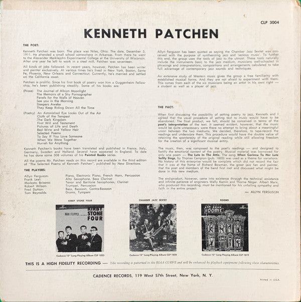 Kenneth Patchen with Chamber Jazz Sextet : Reads His Poetry with the Chamber Jazz Sextet (LP, Album, Mono)