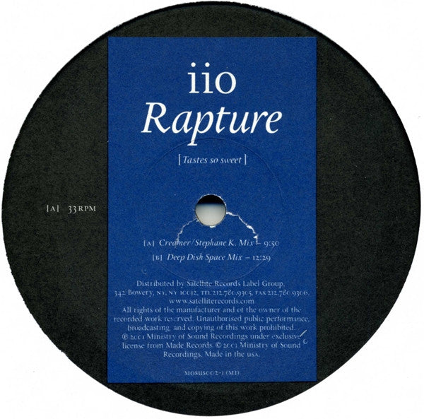 iiO : Rapture (Tastes So Sweet) (Remixes by John Creamer/Stephane K. And Deep Dish) (12")