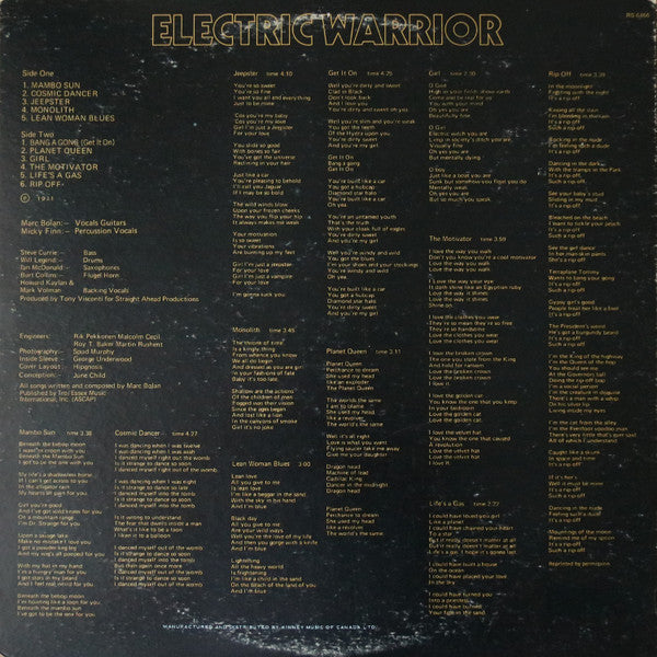 T. Rex : Electric Warrior (LP, Album, Gat)