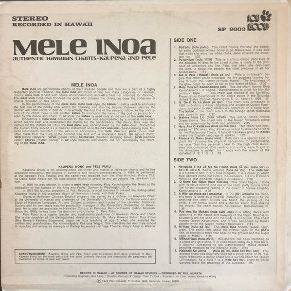 Ka'upena Wong & Pele Pukui : Mele Inoa - Authentic Hawaiian Chants (LP, Album)