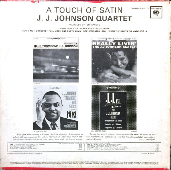 J.J. Johnson Quartet : A Touch Of Satin (LP, Album, Mono)