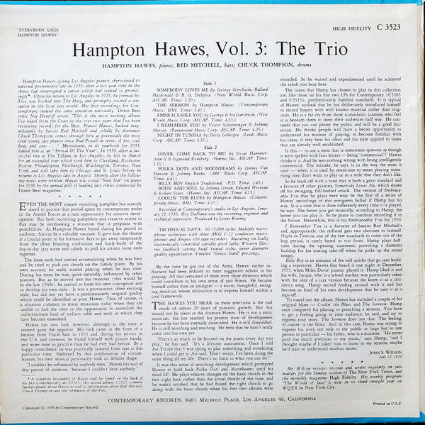 Hampton Hawes : Everybody Likes Hampton Hawes, Vol. 3: The Trio (LP, Album, Mono, RE, SLM)
