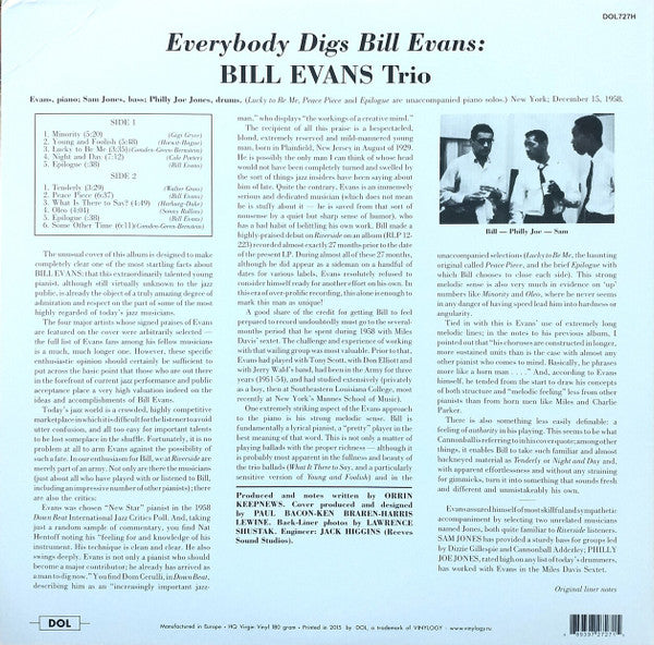 The Bill Evans Trio : Everybody Digs Bill Evans (LP, Album, RE, 180)