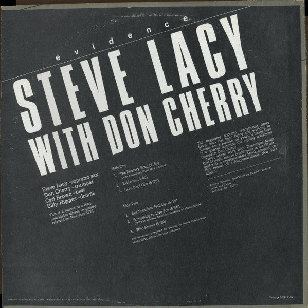 Steve Lacy with Don Cherry : Evidence (LP, Album, RE)