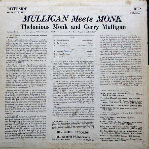 Thelonious Monk And Gerry Mulligan : Mulligan Meets Monk (LP, Album, Mono)