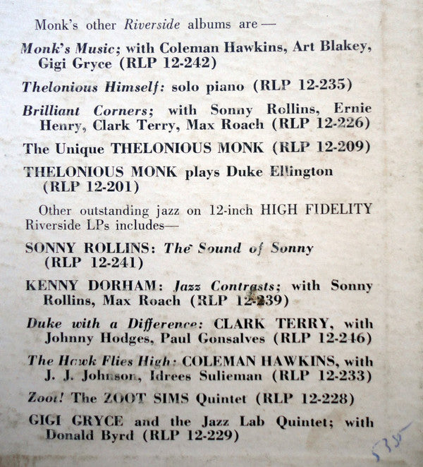 Thelonious Monk And Gerry Mulligan : Mulligan Meets Monk (LP, Album, Mono)