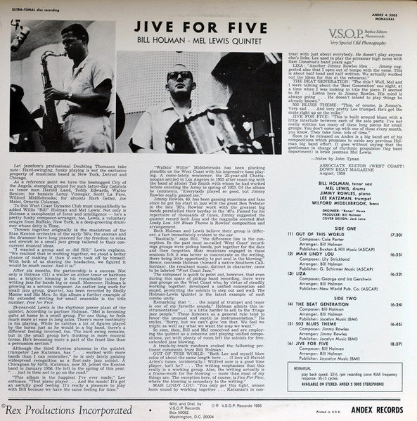 Bill Holman / Mel Lewis Quintet : Jive For Five (LP, Album, RE)