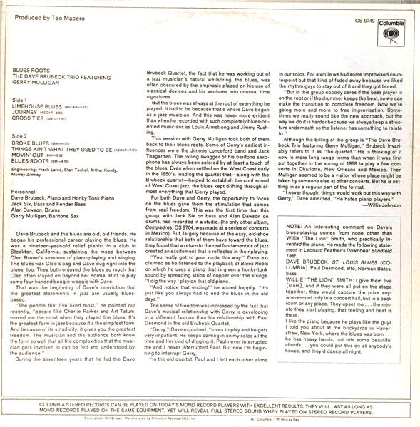The Dave Brubeck Trio Featuring Gerry Mulligan : Blues Roots (LP, Album)