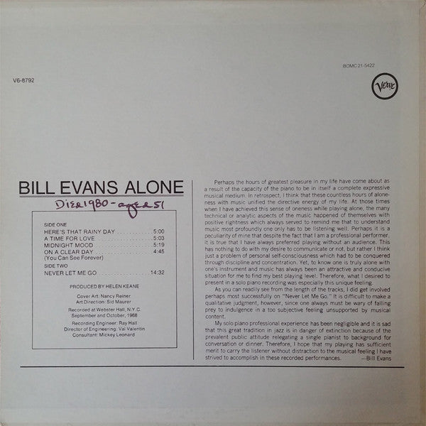 Bill Evans : Alone (LP, Album, Club, RE)