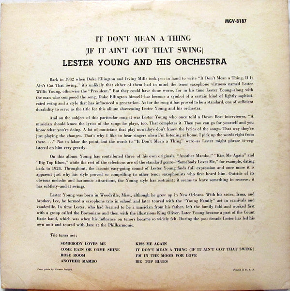Lester Young And His Orchestra : It Don't Mean A Thing (If It Ain't Got That Swing) (LP, Album, Mono, RE)