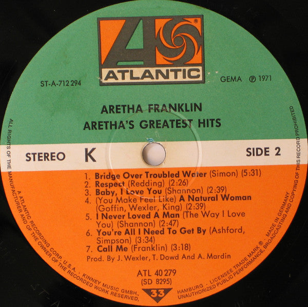 Aretha Franklin : Aretha's Greatest Hits (LP, Comp, RE)