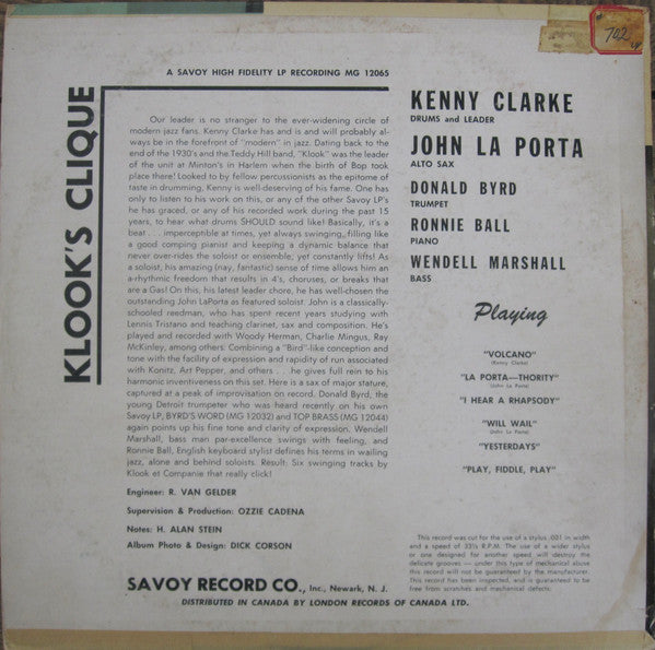 Kenny Clarke : Klook's Clique (LP, Album, Mono)