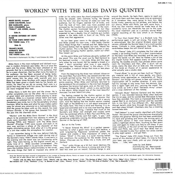 The Miles Davis Quintet : Workin' With The Miles Davis Quintet (LP, Album, Mono, RE, RM)