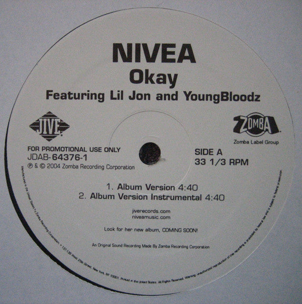 Nivea Featuring Lil' Jon And YoungBloodZ : Okay (12", Promo)