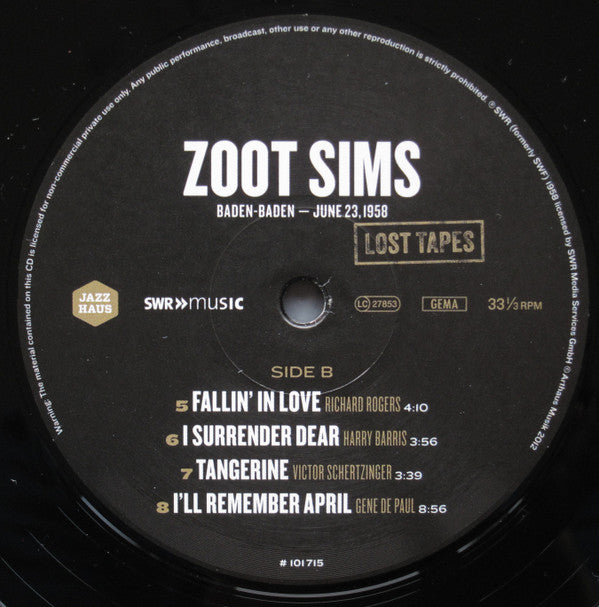 Zoot Sims : Baden-Baden – June 23, 1958 (LP, Album, RM)
