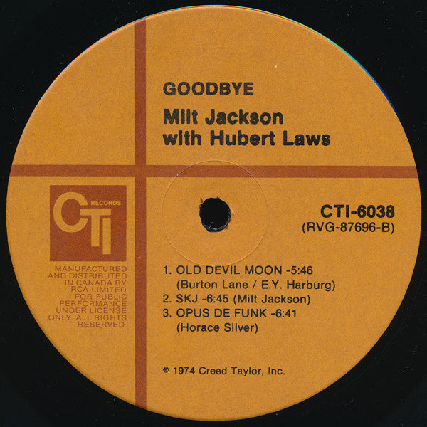 Milt Jackson With Hubert Laws : Goodbye (LP, Album, RE)