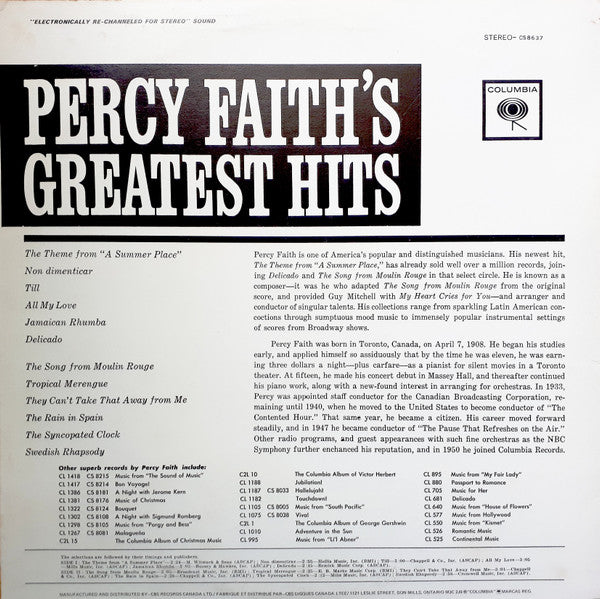 Percy Faith : Percy Faith's Greatest Hits (LP, Comp, RE, RM)